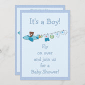 Teddy in Plane & Clothesline Blue Boy Baby shower Kaart (Voorkant / Achterkant)
