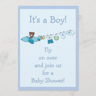 Teddy in Plane & Clothesline Blue Boy Baby shower Kaart