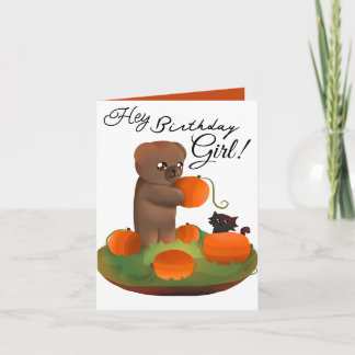 Teddy & Kitty in a Pumpkin Patch Birthday Card Feestdagen Kaart