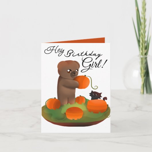Teddy & Kitty in a Pumpkin Patch Birthday Card Feestdagen Kaart (Voorkant)