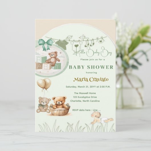 Teddy Picknick Baby Shower Uitnodiging (Staand voorkant)