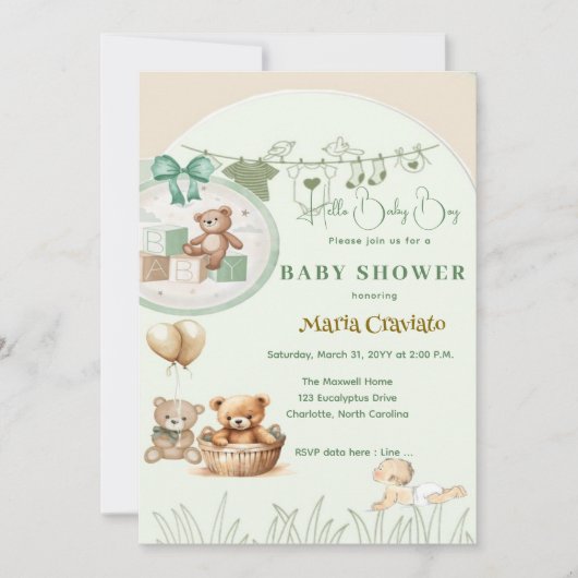 Teddy Picnic Baby shower uitnodiging (Voorkant)