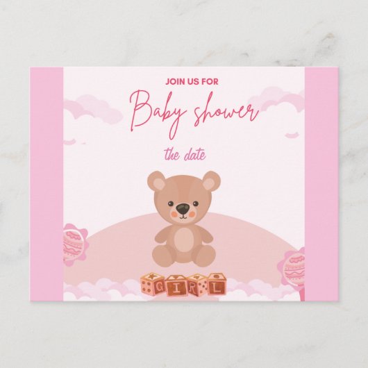 Teddy Pink Beer Girl wacht op baby shower uitnodig Uitnodiging Briefkaart (Voorkant)