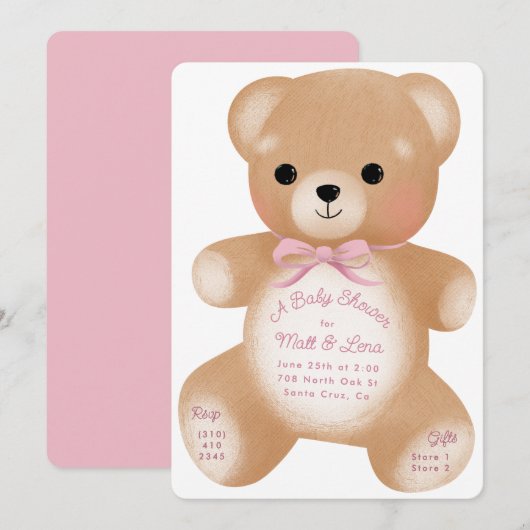 Teddy Pink Bow-Baby shower Kaart (Voorkant / Achterkant)