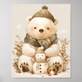 Teddy Polar Bear & Snowman Nursery Wall Art Poster