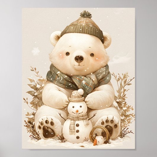 Teddy Polar Bear & Snowman Nursery Wall Art Poster (Voorkant)