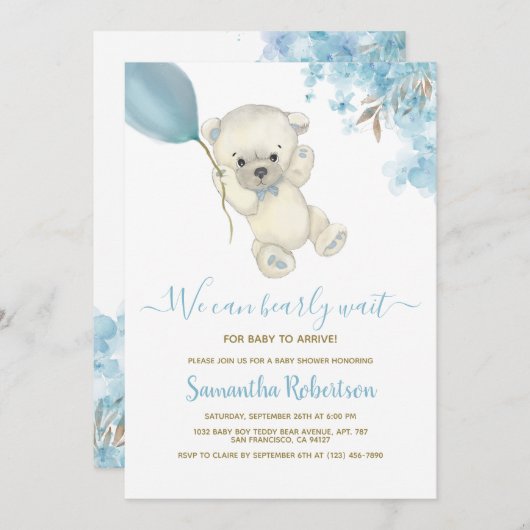 Teddy Polar Beer Blue Balloon Baby shower Kaart (Voorkant / Achterkant)