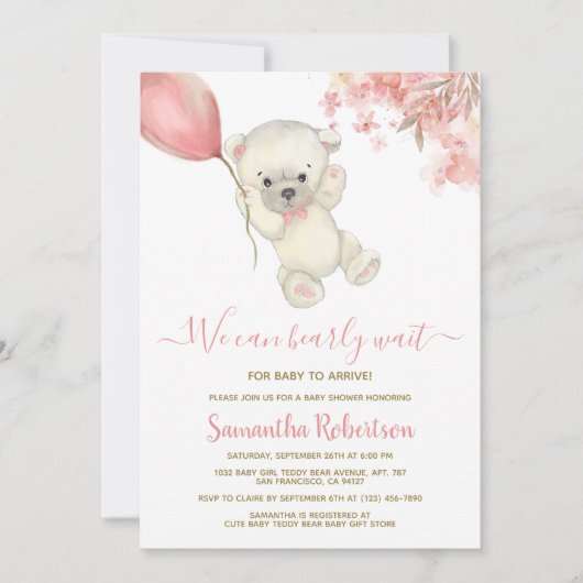 Teddy Polar Beer Pink Balloon Baby shower Kaart (Voorkant)