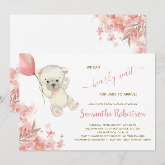 Teddy Polar Beer Pink Balloon Baby shower Kaart (Voorkant / Achterkant)