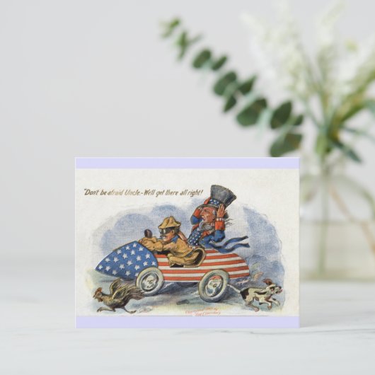 Teddy Roosevelt en oom Sam in Patriottische Auto Briefkaart (Staand voorkant)