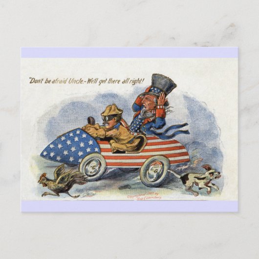Teddy Roosevelt en oom Sam in Patriottische Auto Briefkaart (Voorkant)