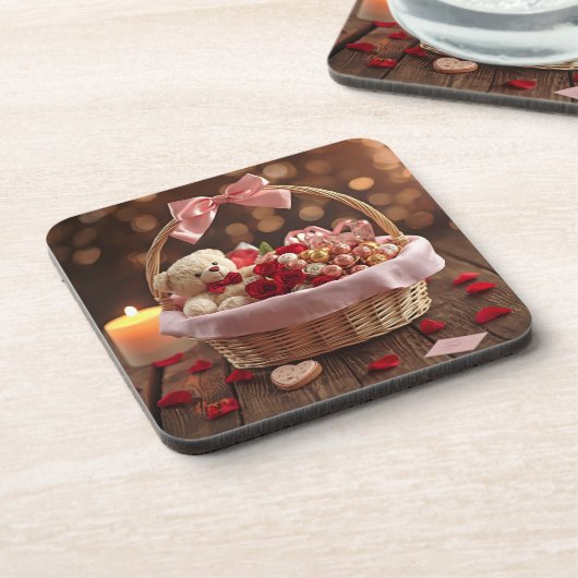 Teddy Rose Basket Romantic Valentine Heart Drink Bier Onderzetter (Linkerzijde)
