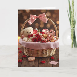Teddy Rose Basket Romantic Valentine Love Greeting Kaart