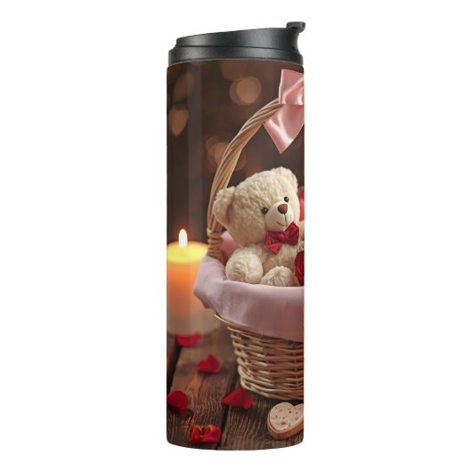 Teddy Rose Basket Romantic Valentine Stainless Thermosbeker (Gedraaid links)