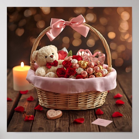 Teddy Rose Basket Romantic Valentine Wall Poster (Voorkant)