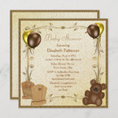 Teddy & Wieg  Bruin & Gold Baby shower Kaart (Voorkant / Achterkant)