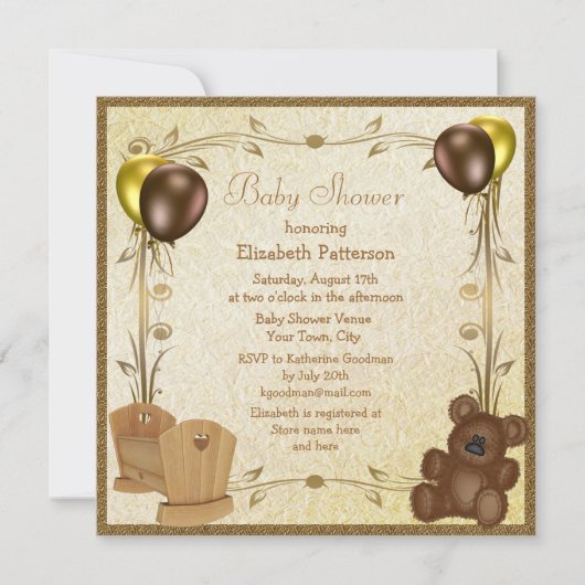 Teddy & Wieg  Bruin & Gold Baby shower Kaart (Voorkant)