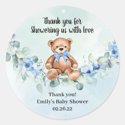 teddybeenblauw met rode eucalyptusvleugel ronde sticker (Voorkant)