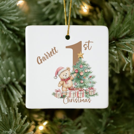 Teddybeer 1e kerst keramisch ornament (Boom)