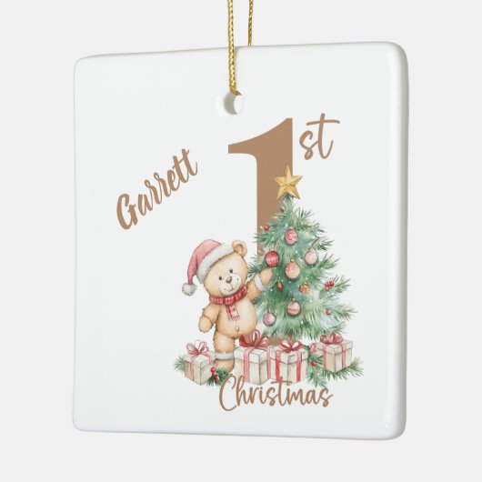 Teddybeer 1e kerst keramisch ornament (Links)