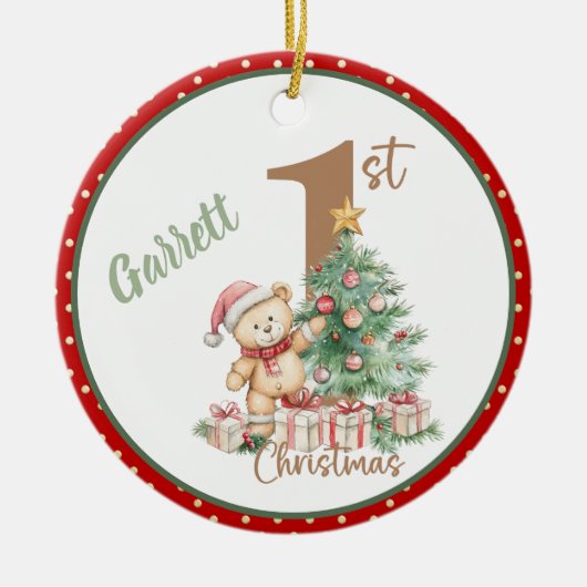 Teddybeer 1e kerst keramisch ornament (Voorkant)