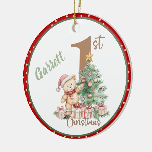 Teddybeer 1e kerst keramisch ornament (Links)