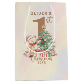 Teddybeer 1e kerst met boom en geschenken medium cadeauzakje