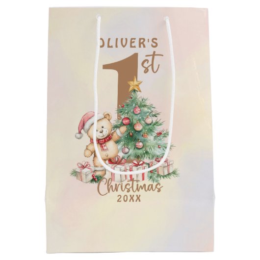 Teddybeer 1e kerst met boom en geschenken medium cadeauzakje (Achterkant)