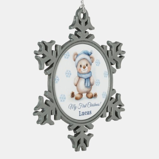 Teddybeer 1e kerst tin sneeuwvlok ornament (Links)