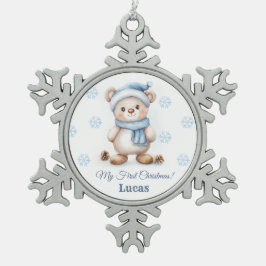 Teddybeer 1e kerst tin sneeuwvlok ornament