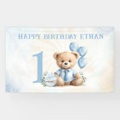 Teddybeer 1e verjaardag blauwe ballonnen banner (Horizontaal)