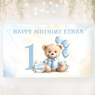Teddybeer 1e verjaardag blauwe ballonnen banner