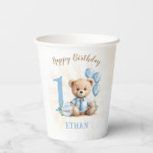 Teddybeer 1e verjaardag blauwe ballonnen papieren  papieren bekers (Achterkant)
