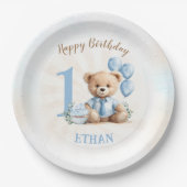Teddybeer 1e Verjaardag Blauwe Ballonnen Papieren  Papieren Bordje (Voorkant)