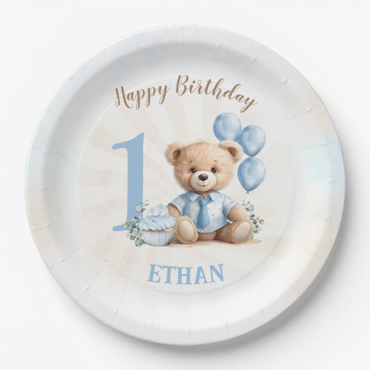 Teddybeer 1e Verjaardag Blauwe Ballonnen Papieren  Papieren Bordje (Voorkant)