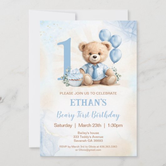 Teddybeer 1e verjaardag blauwe ballonnen uitnodigi kaart (Voorkant)