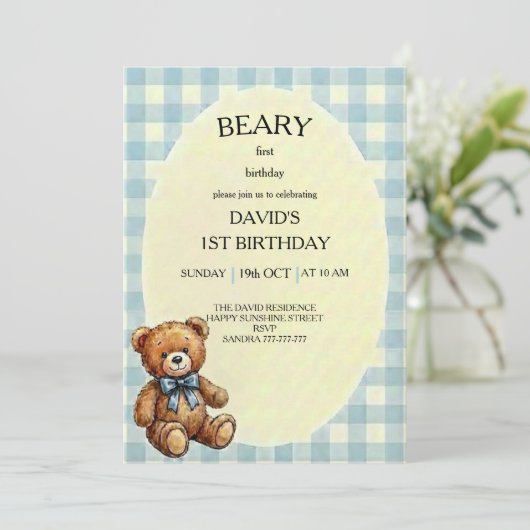 Teddybeer 1e verjaardag kaart (Staand voorkant)