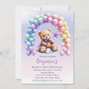 Teddybeer 1e verjaardag kleurrijke ballonnen kaart