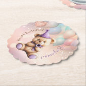 Teddybeer 1e verjaardag kleurrijke ballonnen kartonnen onderzetters (Gekanteld)