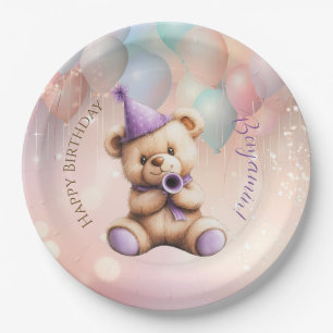 Teddybeer 1e verjaardag kleurrijke ballonnen papieren bordje
