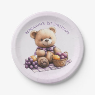 Teddybeer 1e verjaardag kleurrijke ballonnen papieren bordje