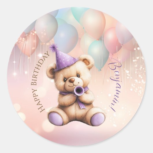 Teddybeer 1e verjaardag kleurrijke ballonnen ronde sticker (Voorkant)