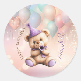 Teddybeer 1e verjaardag kleurrijke ballonnen ronde sticker