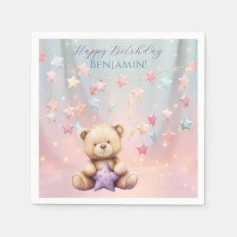 Teddybeer 1e verjaardag kleurrijke ballonnen servet