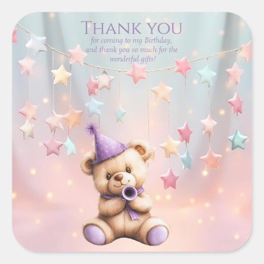 Teddybeer 1e verjaardag kleurrijke ballonnen vierkante sticker (Voorkant)