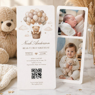 Teddybeer 1e verjaardag   Neutraal Boho-thema QR  Kaart