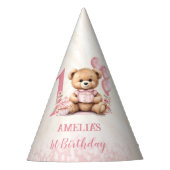 Teddybeer 1e verjaardag roze ballonnen papier feesthoedjes (Voorkant)