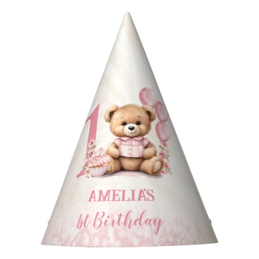 Teddybeer 1e verjaardag roze ballonnen papier feesthoedjes (Voorkant)