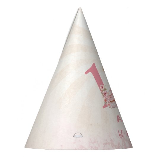 Teddybeer 1e verjaardag roze ballonnen papier feesthoedjes (Links)