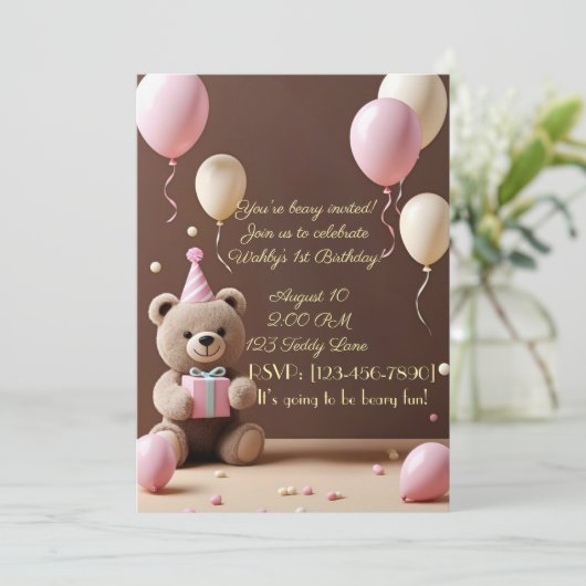 Teddybeer 1e verjaardag uitnodiging voor jongen (Staand voorkant)